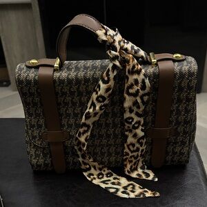 Brown Tweed Handbag with Leopard Scarf Accent
